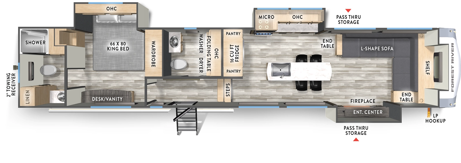 The Wildcat Fifth Wheels 37PUB floorplan has one entry and three slide outs. Exterior features include: fiberglass exterior and 19' awning. Interiors features include: front living, rear bathroom and bathroom and a half.